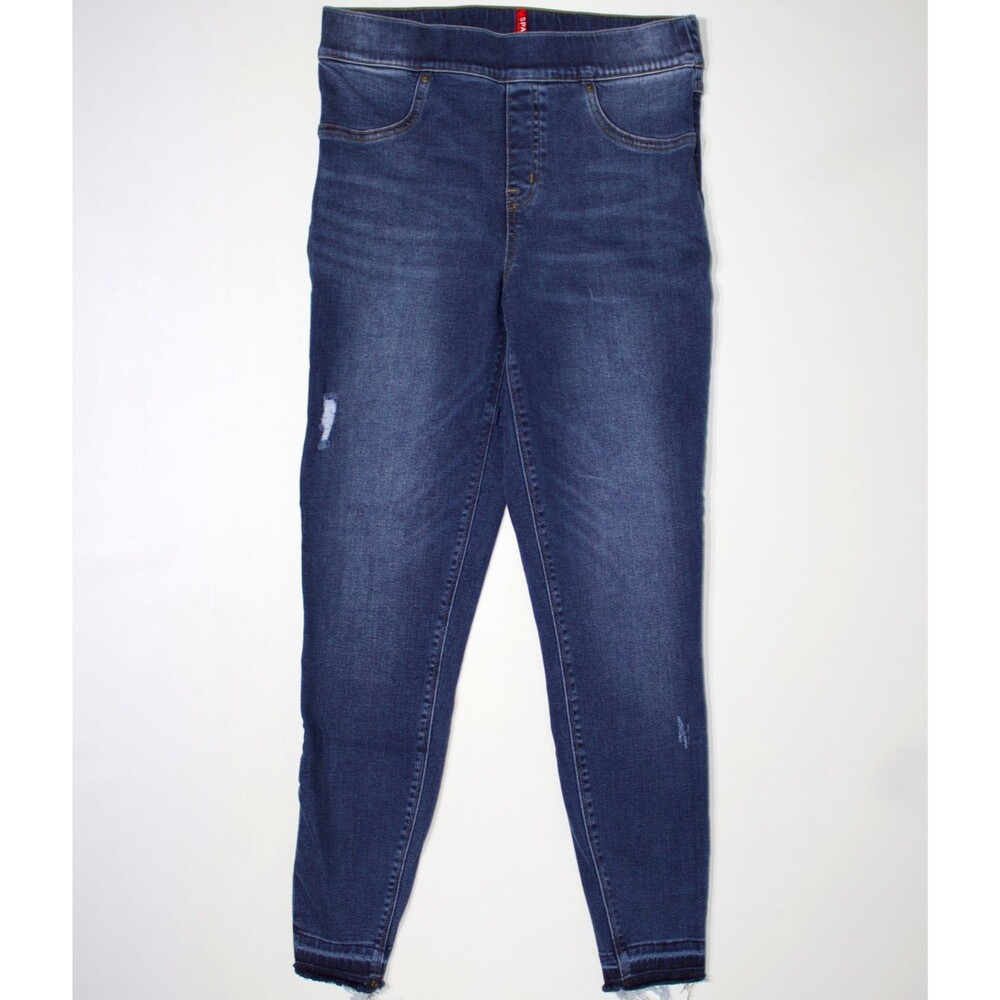 Spanx High Waist Denim Jeans Jegging Dark Wash Stretch Raw Hem Women Size M (J4)